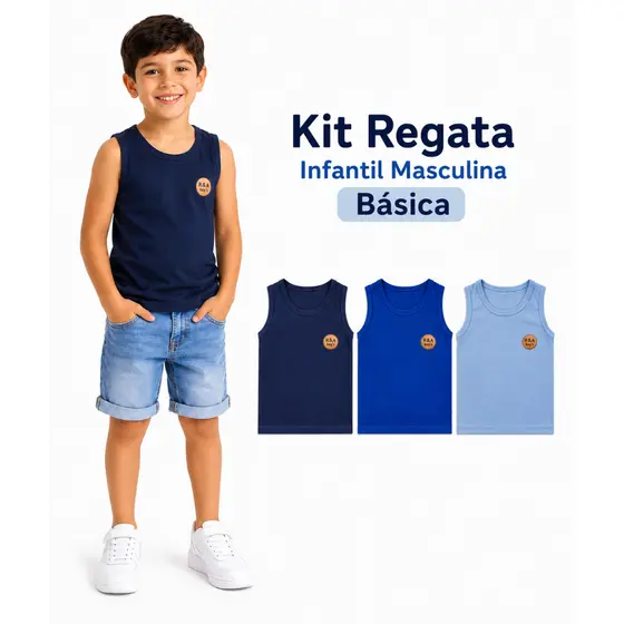 Kit Regata Infantil Sortida Algodão Menino Blusa Sem Manga Masculina Básica Lisa Para O Verão Tamanho 4 Ao 16