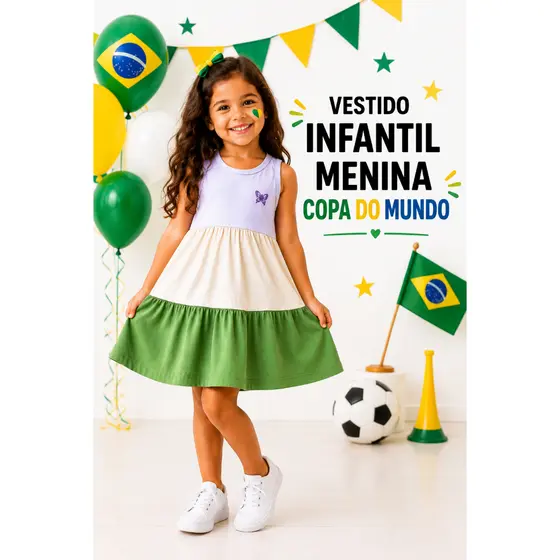 Vestido Infantil Copa Do Mundo Regata Menina Três Marias Verão Fresquinho Leve Em Algodão Tamanho 4 ao 12 Anos Coloridos