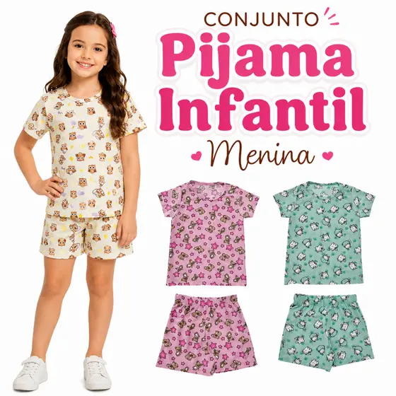 Pijama Infantil Menina Manga Curta Para O Calor Estampado Roupa Para Dormir Verão