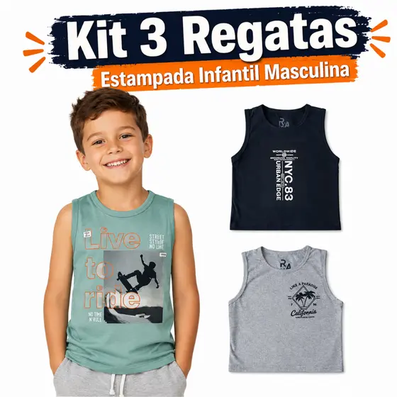 Kit 3 Regatas Infantil Masculina Menino Estampada 100% Algodão Camiseta Sem Manga Verão Tam 4 ao 12