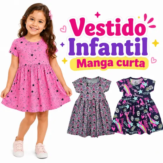 Vestido Infantil Menina Colorido Verão Manga Curta Com Estampa Fresquinho Vestido De Criança