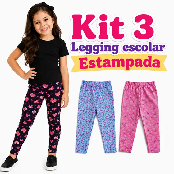 Legging Infantil Juvenil Menina Estampada Meia Estação Kit Com 3 Sortida Calça Legging Escolar