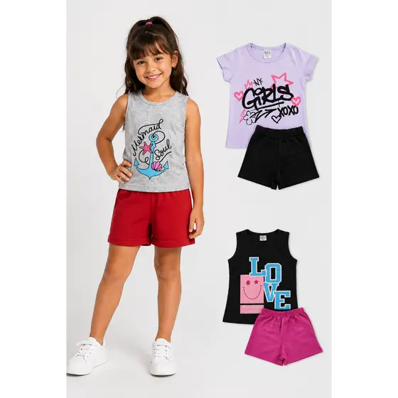 Conjunto Infantil Menina Verão Feminino 2 Peças Sortida Blusa E Short Moda Blogueira