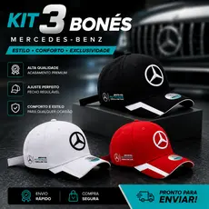 Kit 3 Bonés Mercedes Benz Bordado Premium Ajustáveis Aba Curva Unissex Estilo Automotivo Confortável