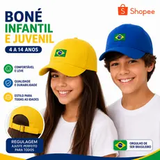Boné Brasil Infantil Juvenil Bandeirinha de 4 a 14 Anos Aba Curva com Regulagem Fitão Bordado
