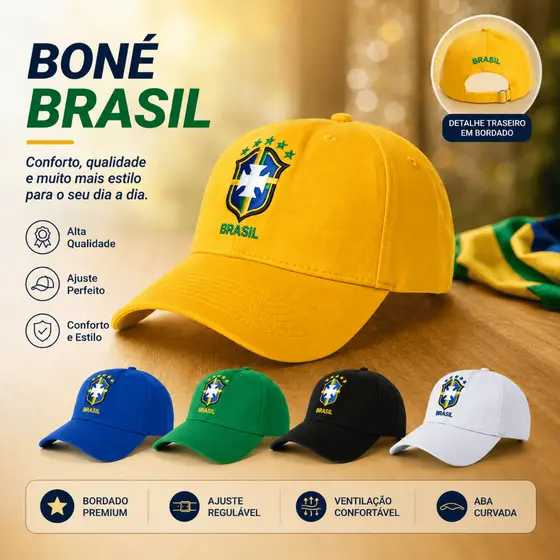 Boné Brasil Unissex Bordado Premium Ajustável e Confortável Aba Curva Seleção