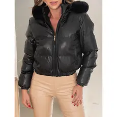 Jaqueta puffer de couro feminina curta com capuz peluciado moda inverno