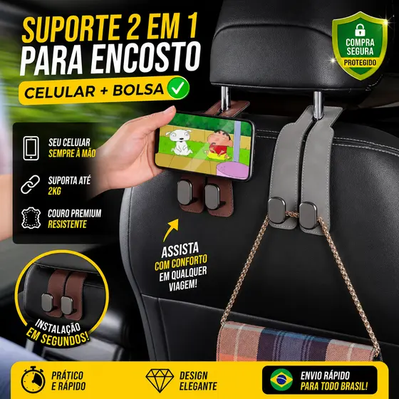 Gancho Universal Para Encosto De Cabeça De Assento De Carro-Duplo Couro Premium , Cabide De Liga Grande Com Suporte