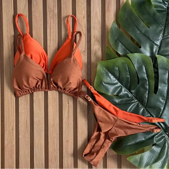 Kit 2 Biquíni Fio Dental Fita Bronze Cortininha Moda Praia Verão 2025 com bojo poliamida