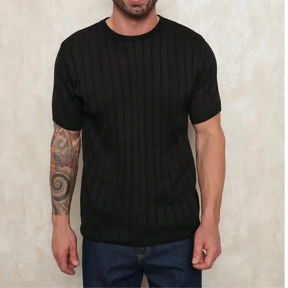 camiseta Suéter de Manga Curta Casual de Verão de Tricô Canelado de Cor Sólida para Homens