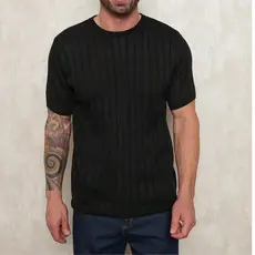 camiseta Suéter de Manga Curta Casual de Verão de Tricô Canelado de Cor Sólida para Homens