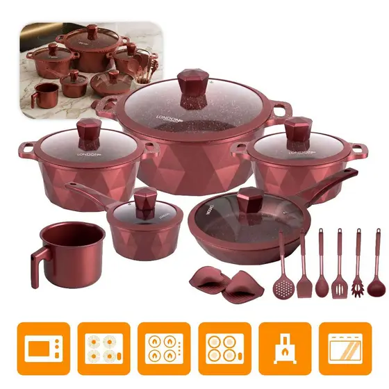 Kit Jogo de Panelas 18 Peças Antiaderente London Com Tampa de Vidro Conjunto + Utensílios