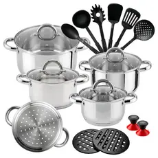 Jogo de Panelas 19 Peças Em Aço Inoxidável Genebra + Acessórios Fundo Grosso Para Forno Indução e Gás