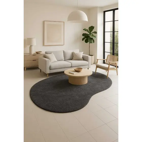 Tapete Cinza Escuro Formato Orgânico Feijão 2,50x2,0 Antiderrapante Pelo Baixo Macio
