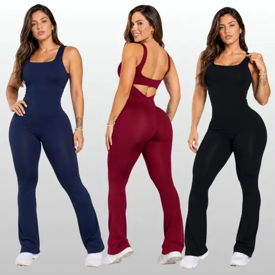 Macacão Fitness Feminino Flare Longo Academia Decote Quadrado Academia