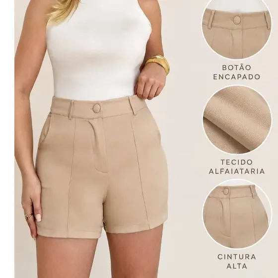 Short Alfaiataria Feminino Cintura Alta Elegante Com Zíper E Botão Encapado  Zero Transparência Moda Evangelica verao