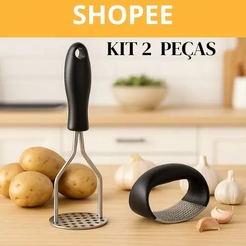 Kit Utensílios Cozinha Inox Amassador de Batata Purê + Picador de Alho Ergonômico