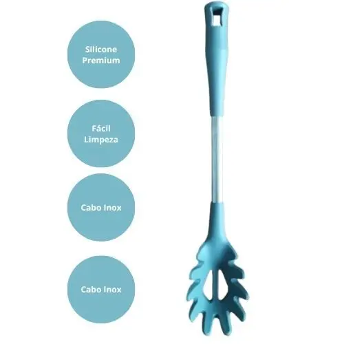 Utensílio de Cozinha Pegador Massas Silicone Premium Cabo Inox Resistente ao Calor Fácil Limpar