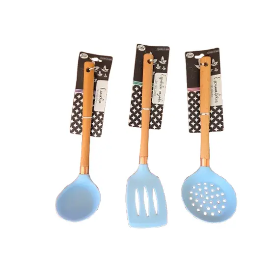 Kit 3 Utensílios de Cozinha Silicone Espátula Escumadeira Concha Cabo de Madeira Antiaderente