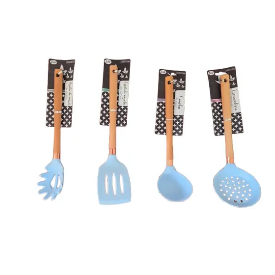 Kit 4 Utensílios de Cozinha Silicone Espátula Escumadeira Concha Pegador de Massa Cabo Madeira