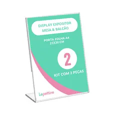 Kit Display Expositor Acrílico A4 Em L Ps Cristal Mesa Balcão com 2 unidades