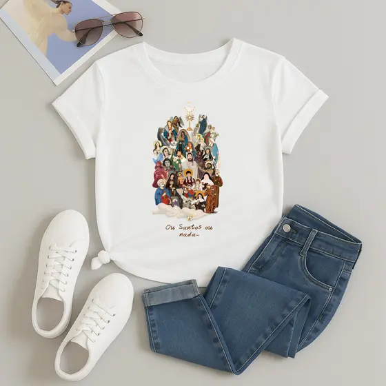 Camiseta Algodão Unissex Estampada Ou Santos Ou Nada Blusa Feminina Masculina T-shirt Cristã