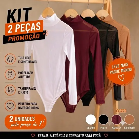 PROMOÇÃO - KIT COM 2 Body Feminino Transparente Manga Longa Gola Alta Segunda Pele Elegante Tule