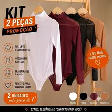 PROMOÇÃO - KIT COM 2 Body Feminino Transparente Manga Longa Gola Alta Segunda Pele Elegante Tule