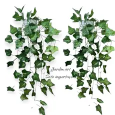 2 Kits Planta Decorativa + Vaso Branco Liso com 1 Pendente Artificial Folhas de Hera