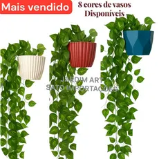 1 Kit Vaso Plastico Ceremico + 2 Planta Pendurada Verde  Artificial Parede Varanda pendente verde caida Enfeite
