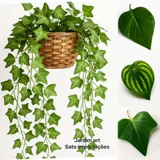 Arranjo Pendente 100cm Folhas Naturais + Vaso Vime Decorativo