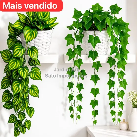 Arranjo Completo 1 Vaso Vime Trançado BRANCO + 1 Pendente Planta Pendurada Hera Ivy Verde PT11BRANCO