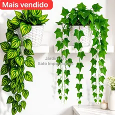 Arranjo Completo 1 Vaso Vime Trançado BRANCO + 1 Pendente Planta Pendurada Hera Ivy Verde PT11BRANCO