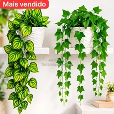 1 Planta Artificial Hera Ivy Pendente + Vaso Vime Trançado BRANCO Arranjo Decorativo Completo Suspenso PT11BRANCO