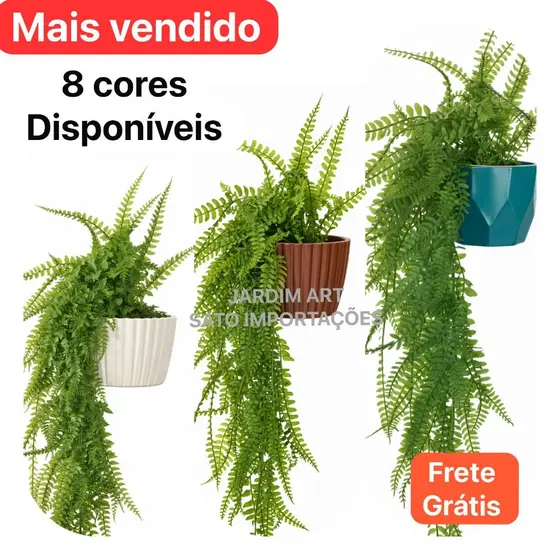 Planta Pendente Artificial SAMAMBAIA com Vaso Decorativo Polietileno Tipo Cerâmico