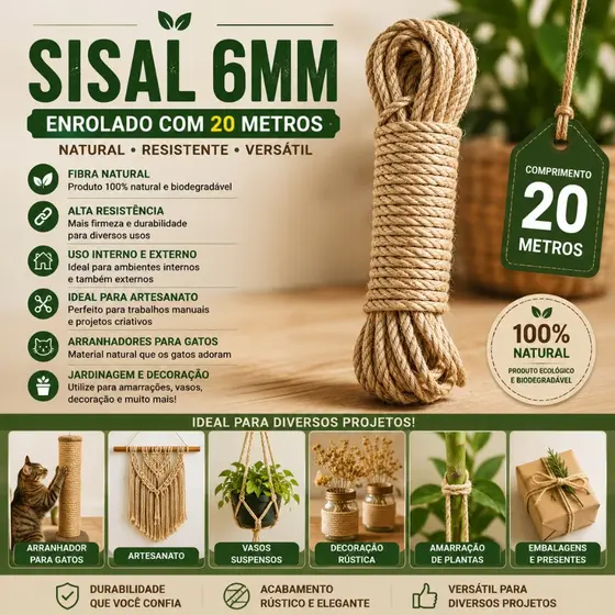 Sisal Natural 6mm 20 Metros | Corda para Arranhador de Gatos, Artesanato, Jardinagem e Decoração