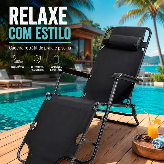 Cadeira Espreguiçadeira Reclinável Piscina Dobrável Preto 3 Posições 100Kg Regulavel