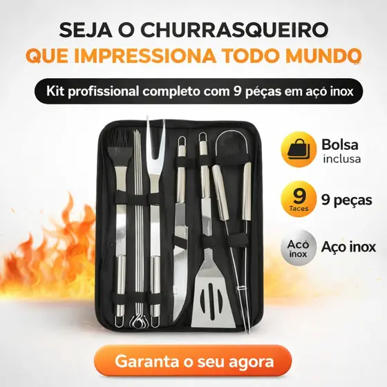 Kit Churrasco Profissional 9 Peças em Aço Inox com Bolsa – Completo e Portátil
