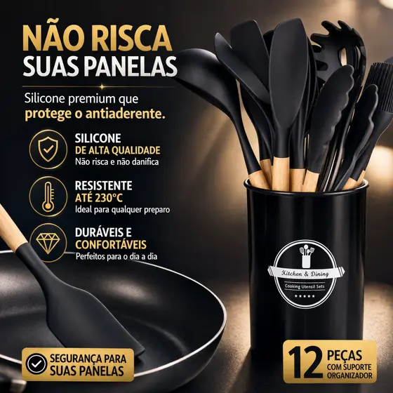 Kit Utensílios de Cozinha Silicone 12 Peças com Suporte Cabo Madeira Antiaderente 230°C