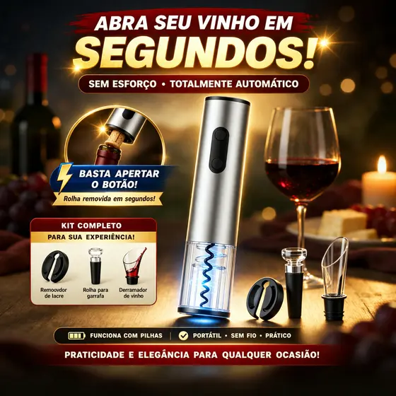 Abridor de Vinho Elétrico Automático Saca Rolha Fácil Kit Completo Presente