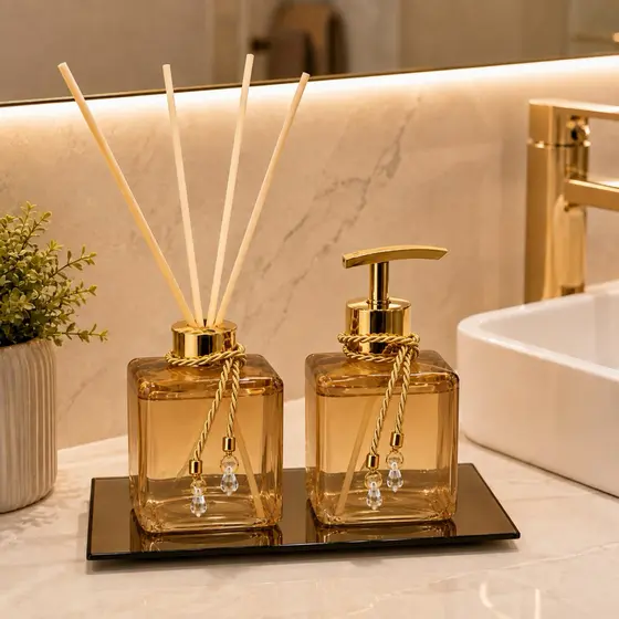 Kit Lavabo Pet Ambar Difusor de Varetas e Saboneteira Luxo Bandeja Banheiro Casa