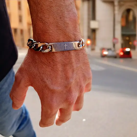 Pulseira Pai Nosso masculina aço inoxidável  Cromada e Dourada