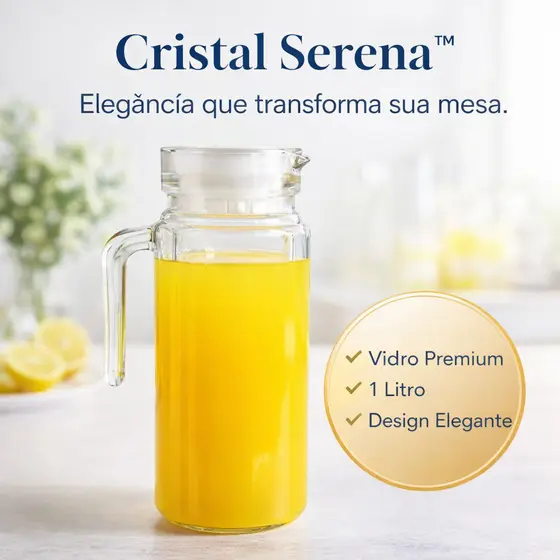 Jarra de Vidro 1 Litro com Tampa Cristal Serena™ | Jarra para Suco Água Chá | Vidro Premium Elegante