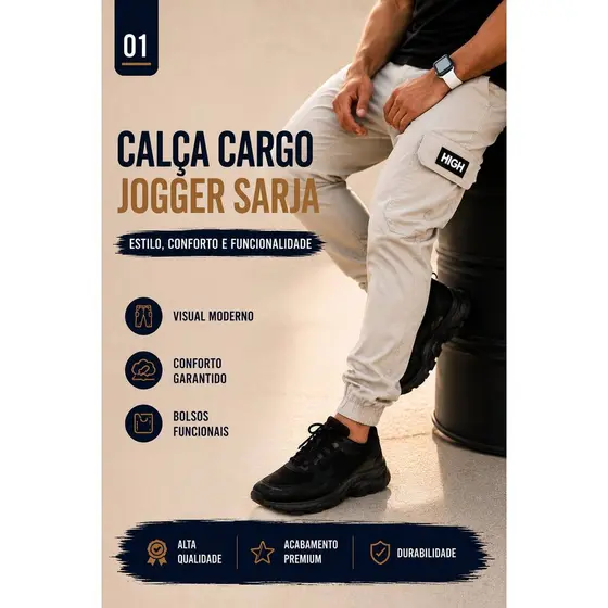 Calça Masculina Cargo Jogger Sarja C/ Punho Esportivo Confortavel Skate Unissex Cintura Com Elastico