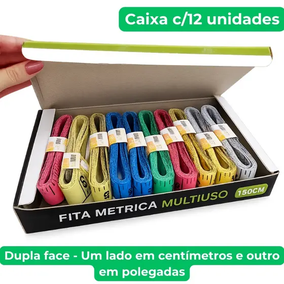 Kit 12 Fitas Métricas 1,50m Dupla Face Costura Medidas Corporais cm Polegadas