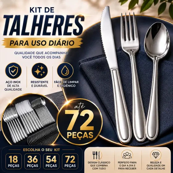 Jogo de Talheres Garfo Colher Faca Mesa 18/36/54/72 Peças Faqueiro Básico Aço Inox Para Cozinha