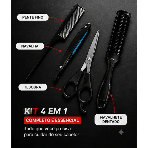 Kit de Cabelo 4 Peças com Tesoura, Navalha, Pente e Navalhete Dentado profissional.