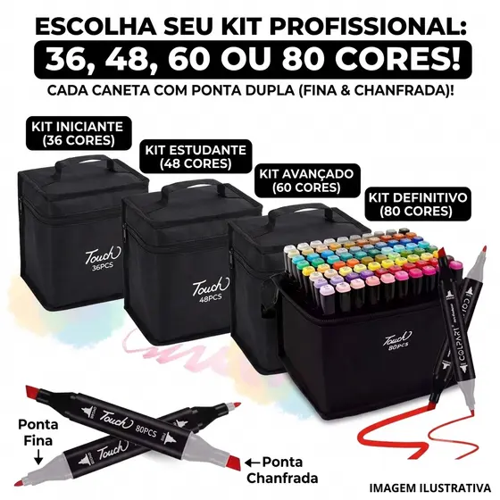 Kit Canetas Marcadoras Touch Profissional Ponta Dupla 36, 48, 60, 80 + Estojo. Canetinha, pintar, desenho.