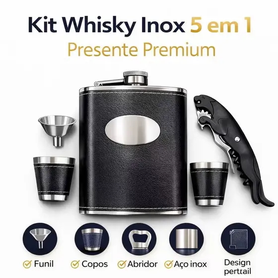 Kit Whisky Cantil Inox 200ml com Copos Funil e Abridor – Presente Masculino Luxo