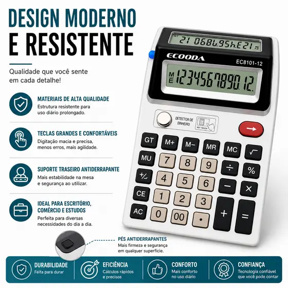 Calculadora Eletrônica 12 Dígitos com Duplo Visor Detector de Dinheiro Escritório Escola Comércio